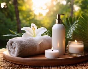 tropical spa atmosphere with blank cosmetic lotion bottle towels fresh flowers and lit candles on wooden tray