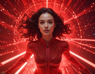 Brunette woman, red jumpsuit, against a complex red glowing background with geometric shapes and light trails