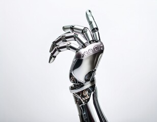 a detailed mechanical robotic arm in chrome a complex and realistic bionic hand a futuristic cyborg limb for sci fi or technology an advanced prosthetic isolated on a white background