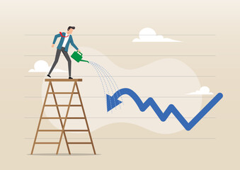 Conceptual Illustration of a Businessman Watering a Falling Financial Graph Arrow for Investment Recovery