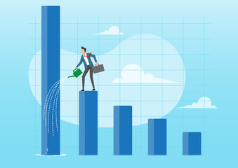 Conceptual Flat Vector Illustration of a Businessman Nurturing Financial Growth on a Bar Graph