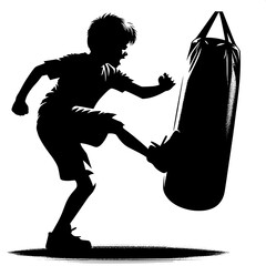 Black and White Vector Angry Boy Kicking Bag