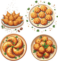 a steaming plate of golden brown Gujiya, traditional fried dumplings, viewed from directly above, in a flat art style