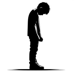 Black and White Vector Angry Boy Standing with Head Down