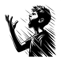 Black and White Vector Angry Boy Arguing with Hand Raised
