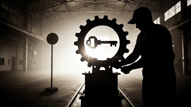 Industrial enigma worker adjusting gear with key, unlocking progress concept
