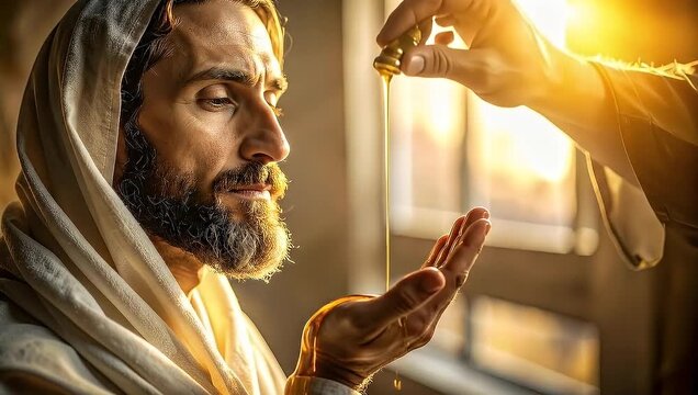 A Moment of Anointing: Symbolic act of pouring oil over hands in serene environment