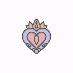 Decorative sacred heart icon with crown and pastel colors in soft outline style suitable for romantic or spiritual design