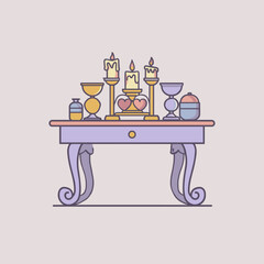 Elegant pastel table with candles and romantic decor in minimalist illustration style isolated on light background