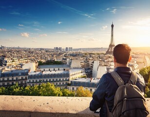 tourist contemplating paris from the eiffel tower