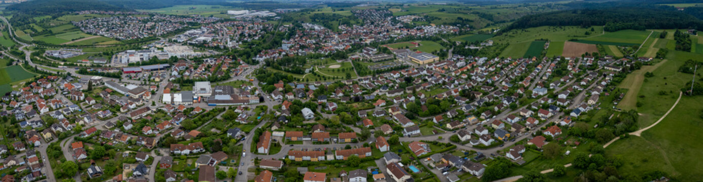Aerial panoramic view of the city  Herbrechtingen in Germany, on a sunny spring noon.