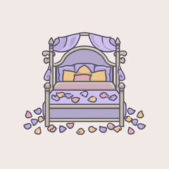 Elegant romantic bed with rose petals in pastel colors creating a cozy love themed bedroom illustration