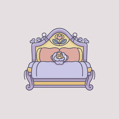 Ornate romantic bed with heart and floral details in pastel tones for elegant love themed illustration
