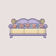 Decorative romantic sofa filled with roses and flowers in soft pastel colors for love themed illustration