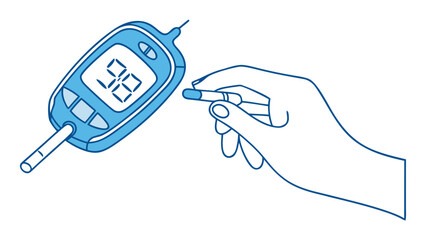 Illustration of a person pricking their finger to test blood sugar levels with a digital glucometer for diabetes management and healthcare awareness