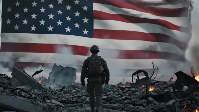 Soldier Stands Against American Flag Amidst War Debris