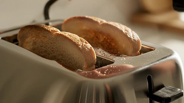 Two slices of white bread are popping up from a stainless steel toaster as golden brown and hot crispy toast
