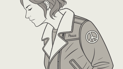 Naklejka premium Woman wearing peace symbol jacket, side profile, neutral background