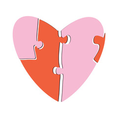 Whimsical coquette pink, red heart in puzzles shapes. Cute vintage valentine element for wedding, invitation. Doodle Valentine's Day sketch. Hand drawn flat isolated vector illustration.