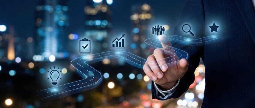 Business Roadmap to Success: Hand Navigating Digital Path with Icons