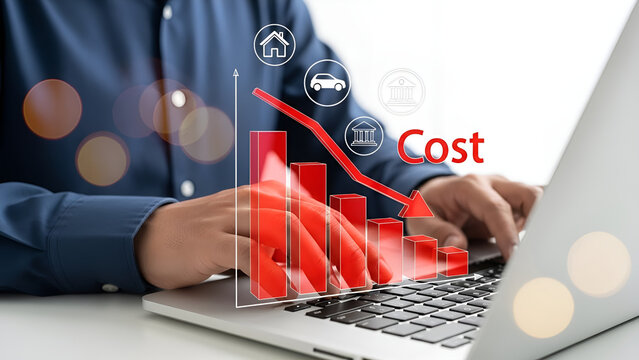 Businessman analyzing digital financial chart displaying significant cost reduction trends affecting housing automotive and banking sectors - Powered by Adobe