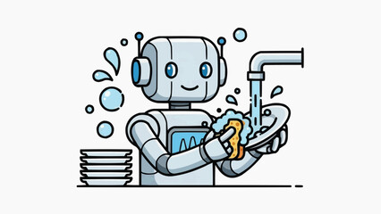 Cute robot washing dishes with sponge under running water