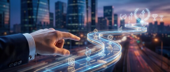 Path to Success: Business Hand Touching Digital Roadmap in Urban Setting