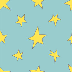 Obraz premium Drawn cartoon simple nonmetric crazy quirky stars made in kid childish style on cyan background. Vector seamless pattern.