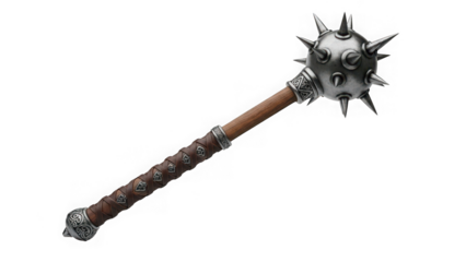 Medieval metal mace with spiked skull head isolated on transparent background