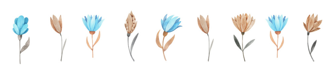 Winter Watercolor Flowers Set &ndash; Minimal Botanical Floral Elements, Hand-painted watercolor flowers in a soft winter palette of blue and neutral beige tones.
