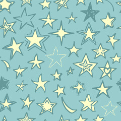 Obraz premium Vector seamless pattern with freehand drawn cartoon yellow stars made in kid childish style on cyan background