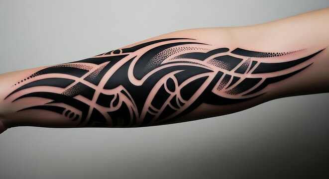 Intricate black tribal arm tattoo design featuring dynamic abstract patterns on a person's forearm, a bold statement piece