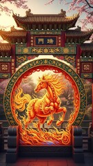 Fototapeta premium Vibrant Golden Horse Zodiac Emblem in a Traditional Chinese Gate, Adorned with Cherry Blossoms, Symbolizing Prosperity and Cultural Heritage