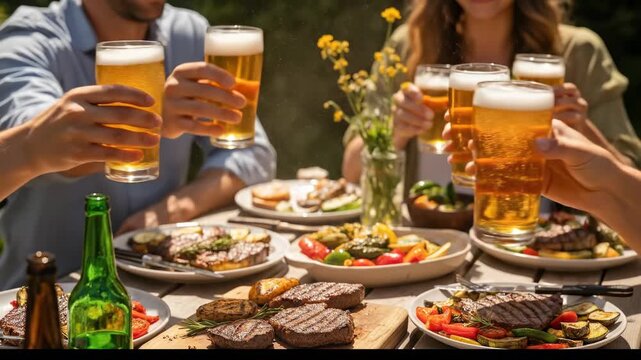 People celebrating with beer and food outdoors casual gathering overhead view