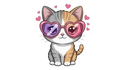 Adorable kitten wearing stylish pink heart glasses surrounded by floating tiny hearts