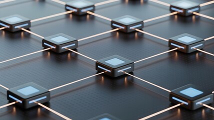 Networked node grid with illuminated connector representing autonomous decision-making system and distributed ai coordination.