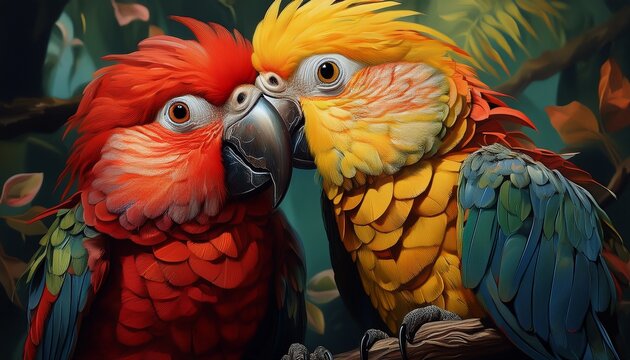 two parrots are sitting on a branch one is red and the other is yellow