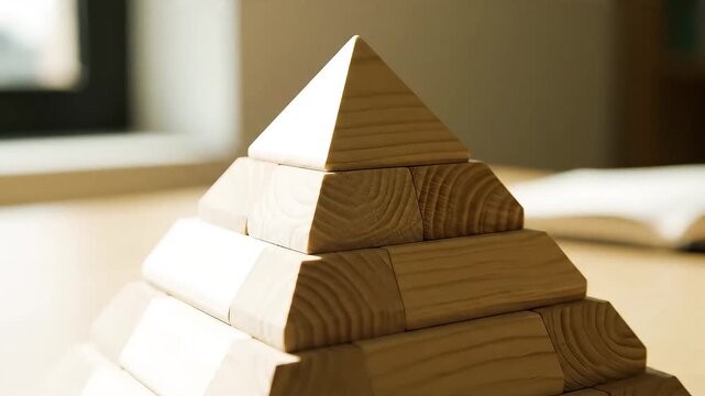 Wooden pyramid puzzle on a table with soft lighting