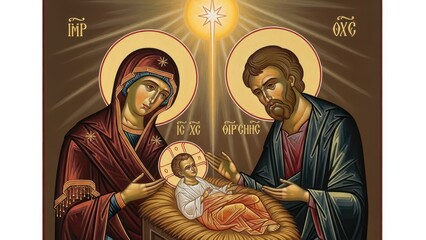 Obraz premium Traditional Nativity Scene Icon Illustration with Holy Family and Bethlehem Star