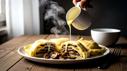 rustic farmhouse. authentic Croatian &scaron;trukli s gljivama (baked dough filled with mushrooms) being drizzled with melted butter and sour cream from a small jug 