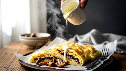 rustic farmhouse. authentic Croatian &scaron;trukli s gljivama (baked dough filled with mushrooms) being drizzled with melted butter and sour cream from a small jug 