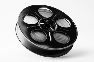 Black Film Reel on White Background Representing Cinema &ndash; Movie and Entertainment Concept.