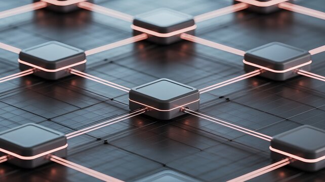 Networked microchip nodes connected by conductive trace illustrating autonomous decision-making system and distributed intelligence.