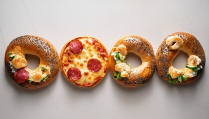 four mini pizzas on bagels arranged in a two by two formation shot from above