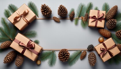 this elegant layout of pine cones and presents forms an eye catching border for displaying important text or logos