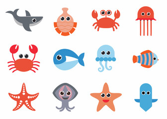 Colorful cartoon illustrations of various marine life and sea creatures