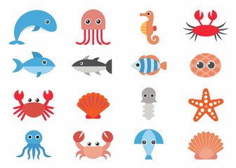 Colorful cartoon illustration depicting various marine life and sea creatures