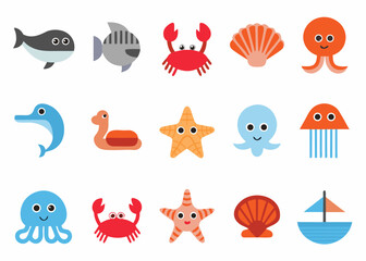 Colorful cartoon illustrations of various marine life and ocean elements