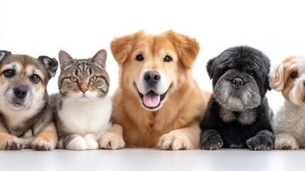 Obraz premium A group of cute pets sits closely on a smooth white surface, showcasing their playful personalities. Each furry friend radiates happiness, creating a heartwarming scene full of charm