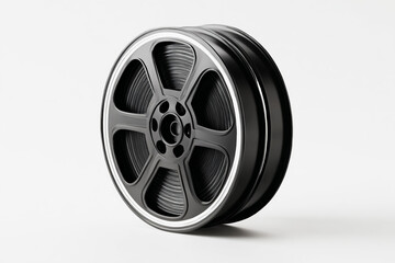 Black Film Reel on White Background Representing Cinema &ndash; Movie and Entertainment Concept.